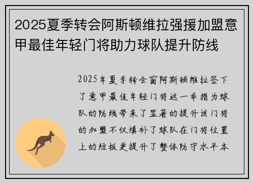 2025夏季转会阿斯顿维拉强援加盟意甲最佳年轻门将助力球队提升防线